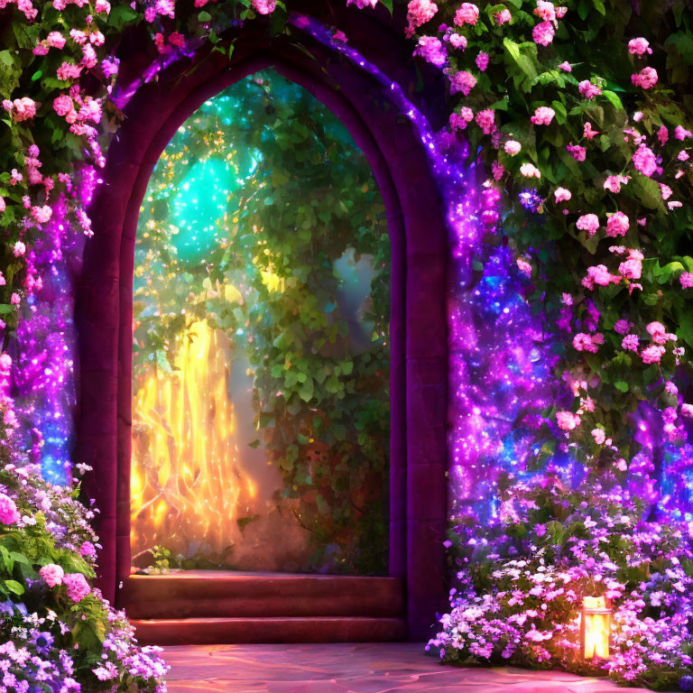 Stone archway adorned with pink and purple flowers in a mystical forest landscape