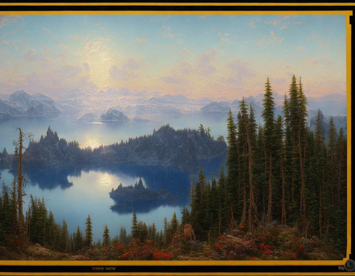 Tranquil landscape with serene lake, pine forests, and mountains