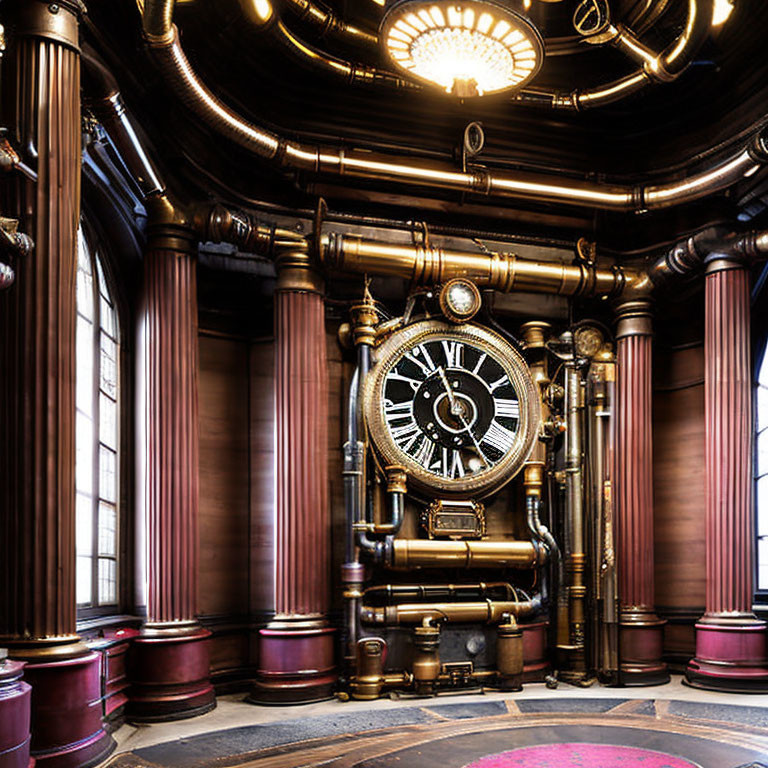 Luxurious Steampunk-Themed Room with Brass Pipes and Grand Clock