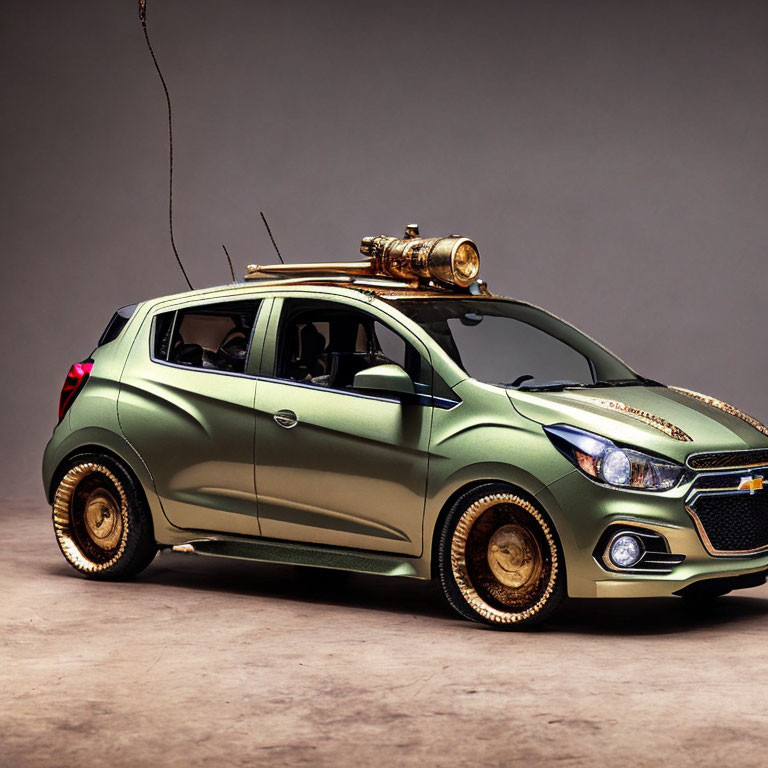 Customized Green Chevrolet Car with Gold Wheels and Antique Brass Telescope on Roof