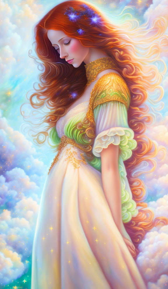 Surreal illustration: Woman with red hair in golden dress among soft clouds