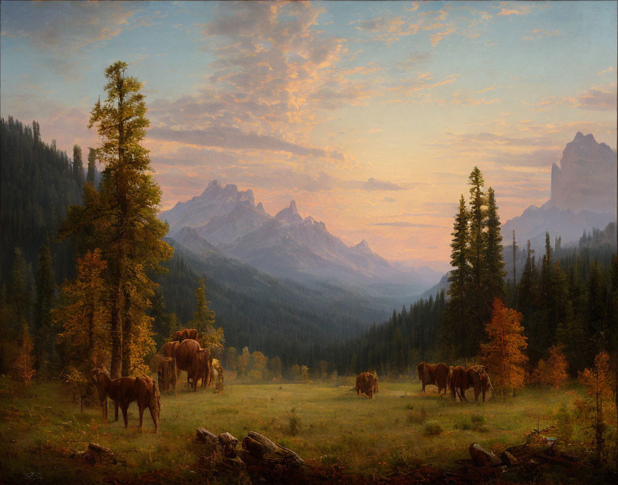 Tranquil landscape with grazing horses in forest clearing