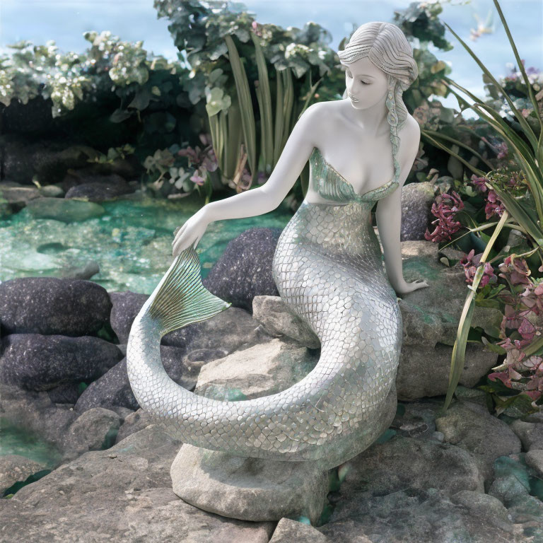 Mermaid statue with silver tail by water and rocks.