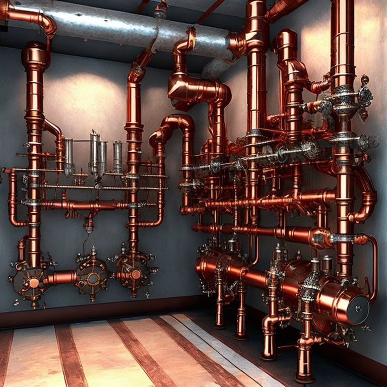 Shiny Copper Pipes with Valves and Gauges on Dark Wall