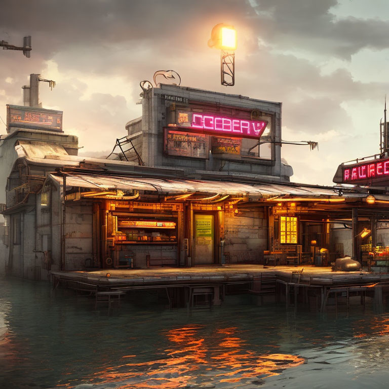 Industrial-style waterside marketplace at dusk with neon signs and makeshift stalls.