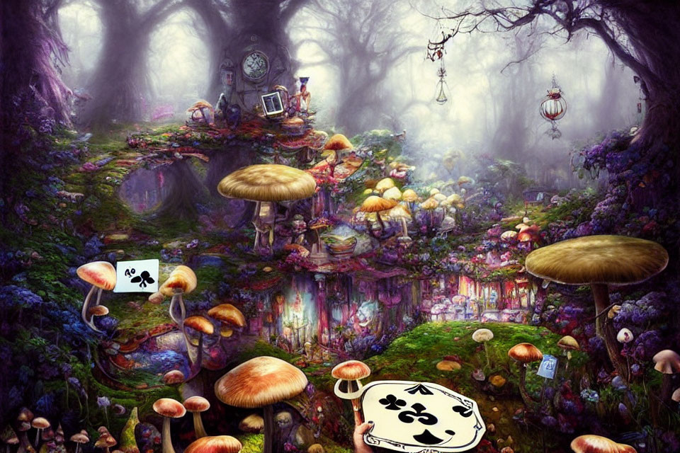 Whimsical forest scene with oversized mushrooms and floating cards