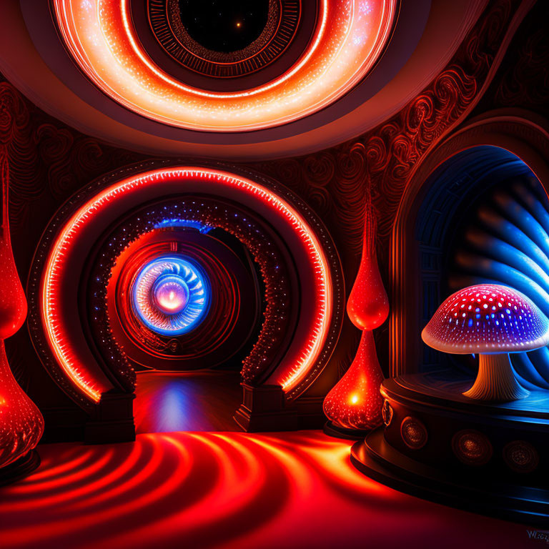 Neon-lit surreal interior with mushroom-shaped lamps and illuminated circular tunnel