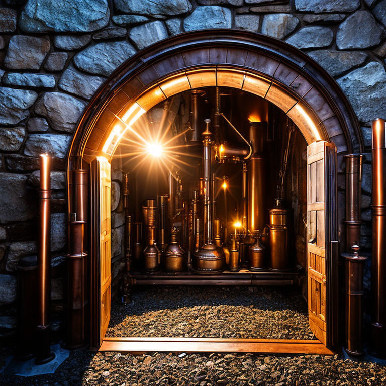 Curved wooden door leading to room with stone walls and gleaming metallic pipes