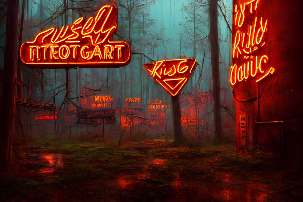 Neon-lit forest scene with glowing signs and wet path