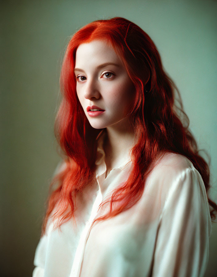 Portrait of Woman with Vibrant Red Hair in White Blouse