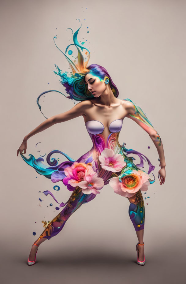 Surreal image: Woman in artistic pose with vibrant floral patterns