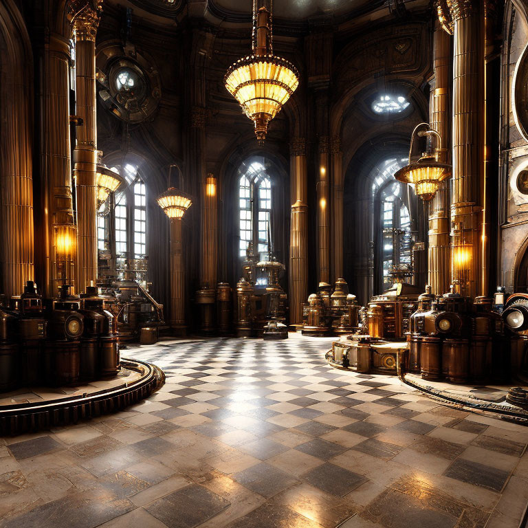 Majestic interior with towering columns and ornate hanging lamps