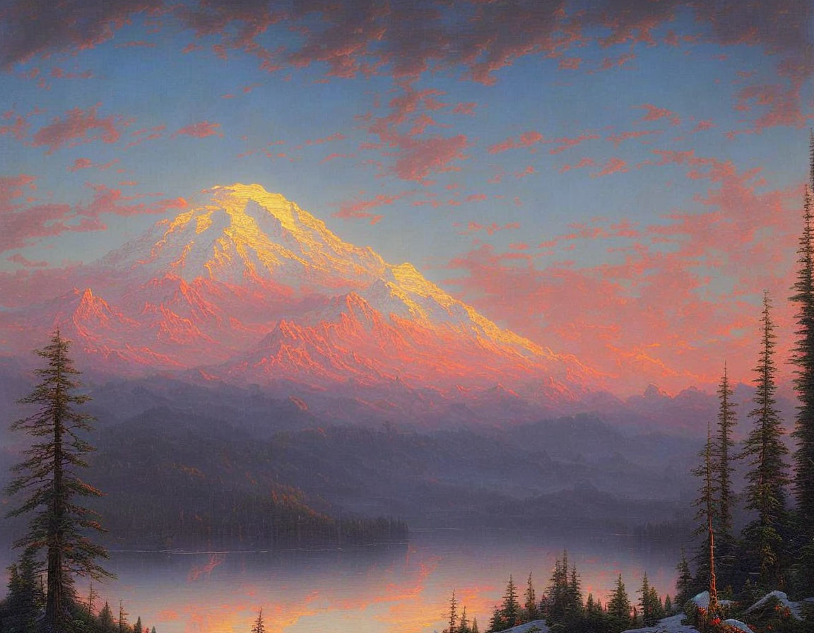 Scenic painting of mountain at sunrise with fiery clouds reflected on tranquil lake