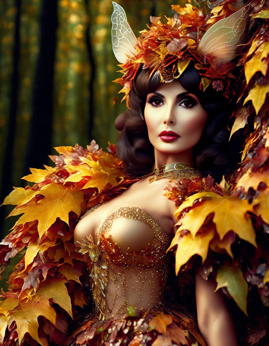 Woman adorned with autumn leaves in golden clothing against woodland backdrop.