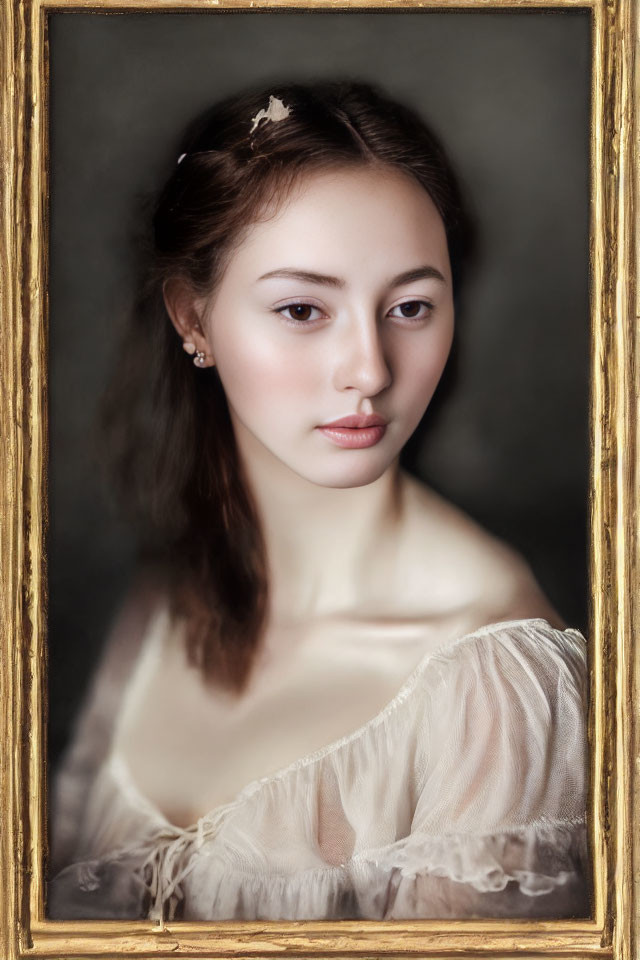 Young woman portrait in golden frame, soft features and calm expression.