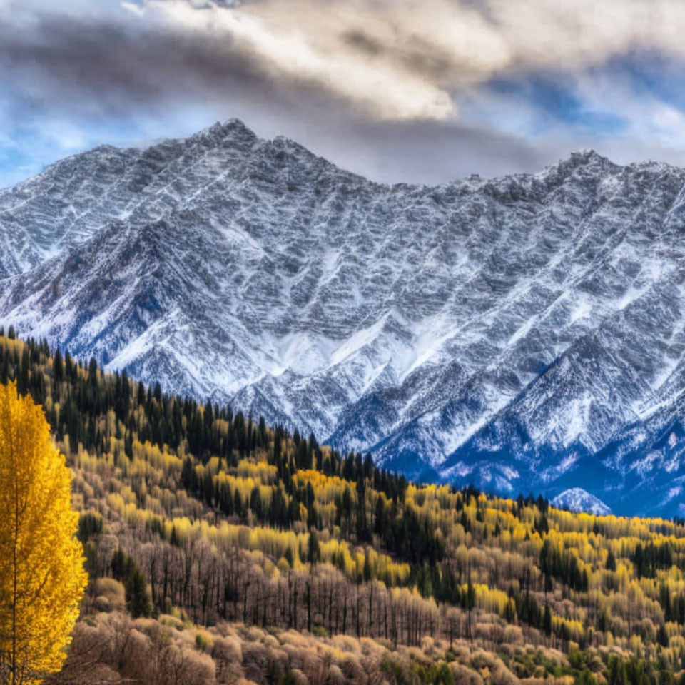 Scenic Snow-Capped Mountain with Autumn Trees and Cloudy Sky