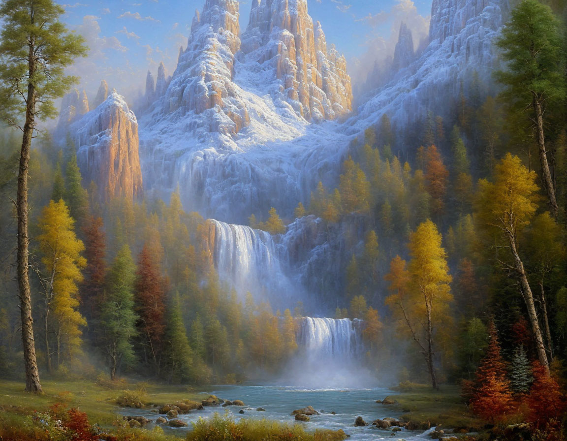 Majestic waterfall in icy mountain landscape