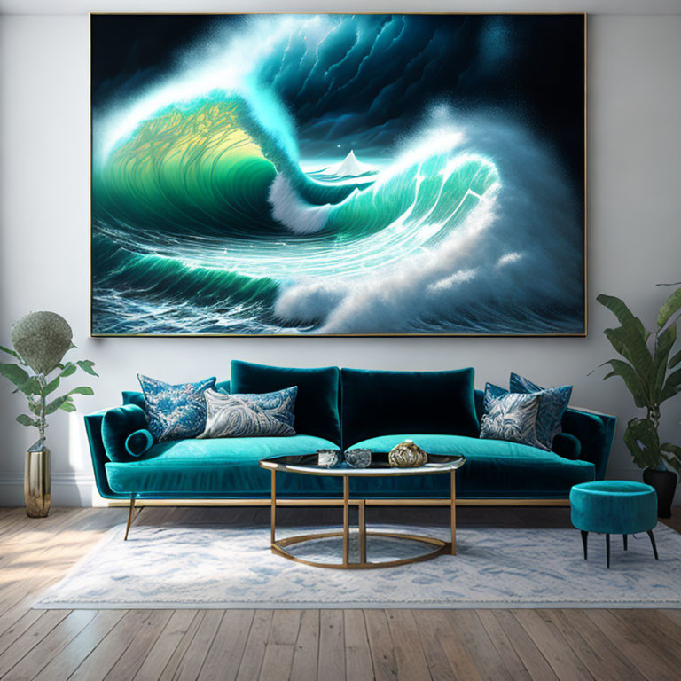 Vibrant wave painting above blue sofa with matching pillows in serene living room