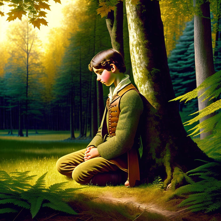 Vibrant forest scene: young person with blindfold under tree