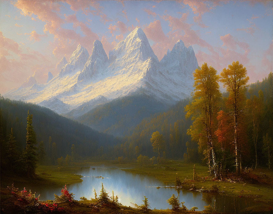 Snow-capped mountains and serene lake in autumn landscape