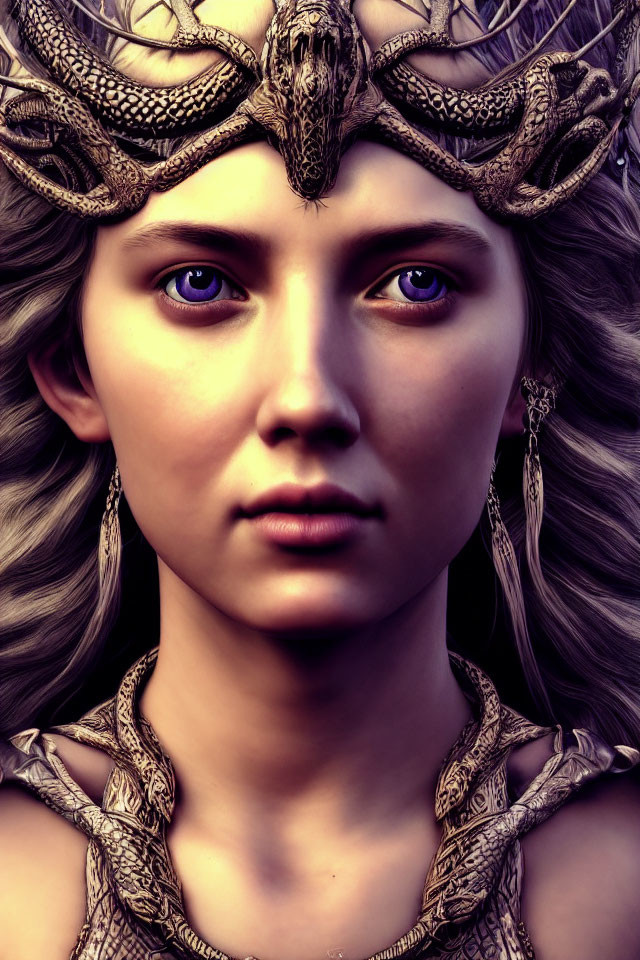 Digital portrait of woman with purple eyes in fantasy crown and necklace