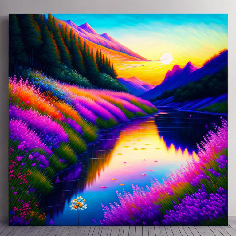 Colorful sunset painting over mountainous landscape with river and flowers.