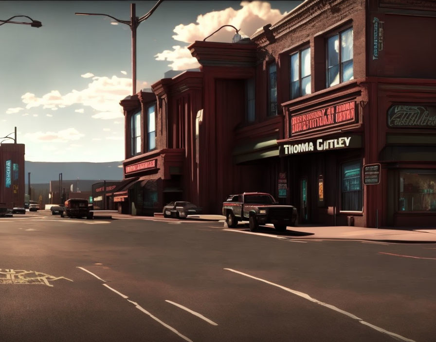 Vintage Cars Parked on Quiet Street Amid Old Brick Buildings