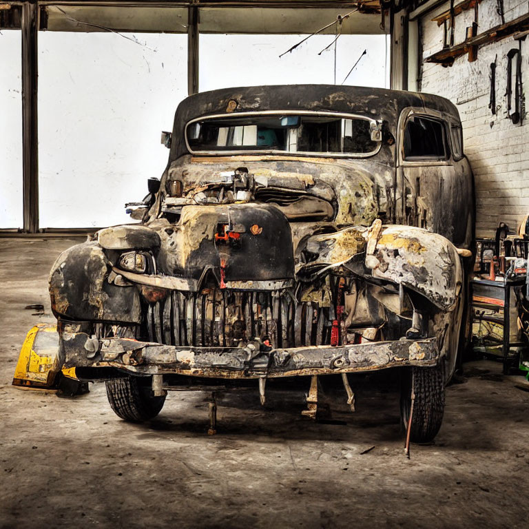 Weathered car in garage with brick walls and concrete floor