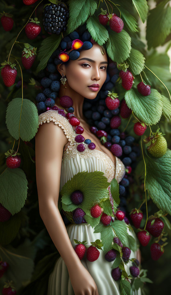 Woman in nature-inspired outfit with mixed berries and lush greenery.