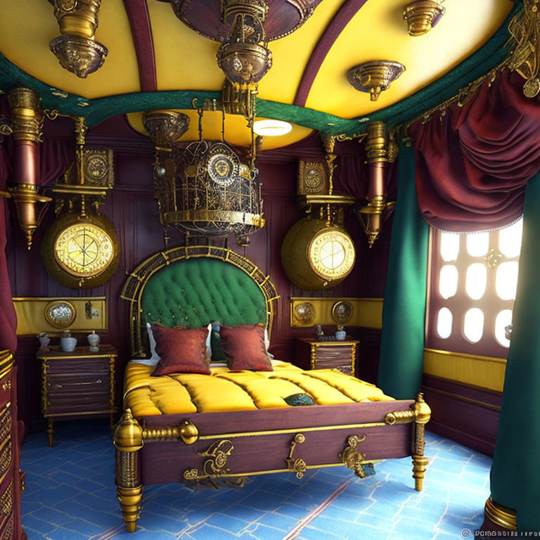 Luxurious steampunk-themed bedroom with brass bed, golden gears, green drapes, and intricate