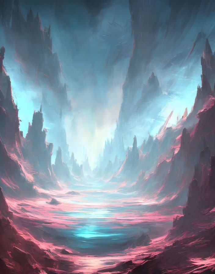 Fantastical landscape with towering spires and glowing water under hazy sky