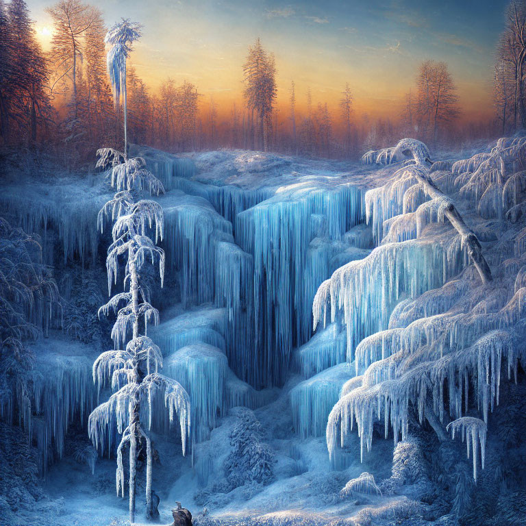 Frozen Dusk Scene: Ice-covered trees, frozen waterfall, misty forest glow