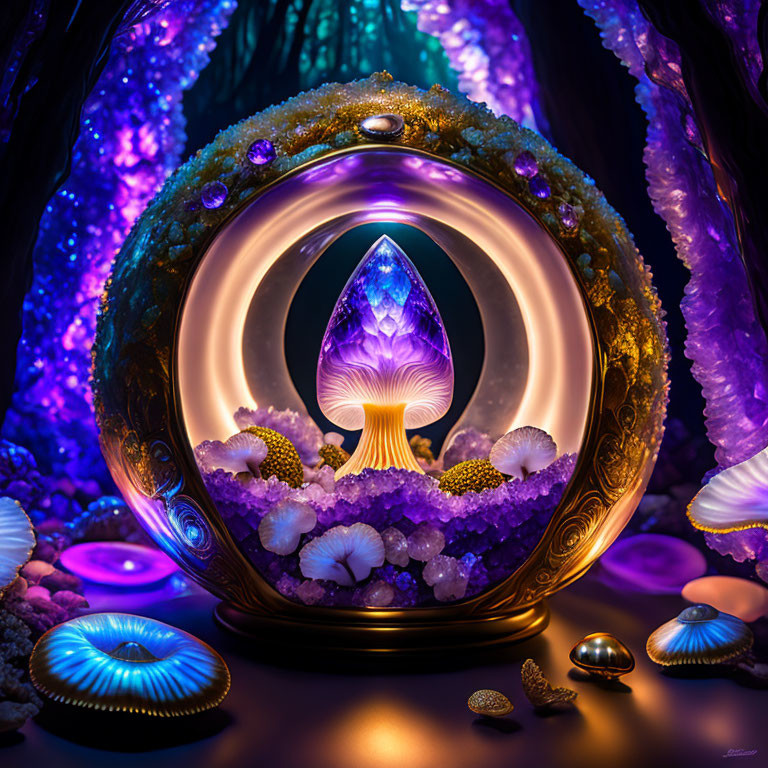 Glowing purple crystal in mystical geode with colorful mushrooms