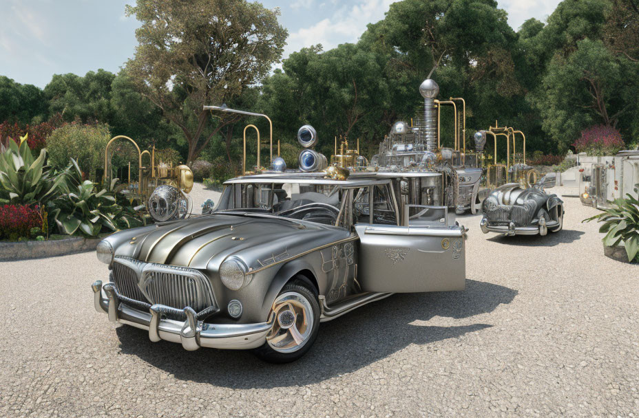 Vintage-style car with advanced machinery and gadgets on a sunny day in front of a garden with a futuristic