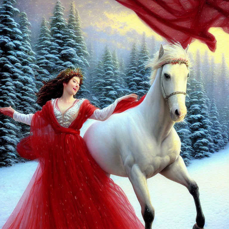 Woman in red dress dances with white horse in snowy forest