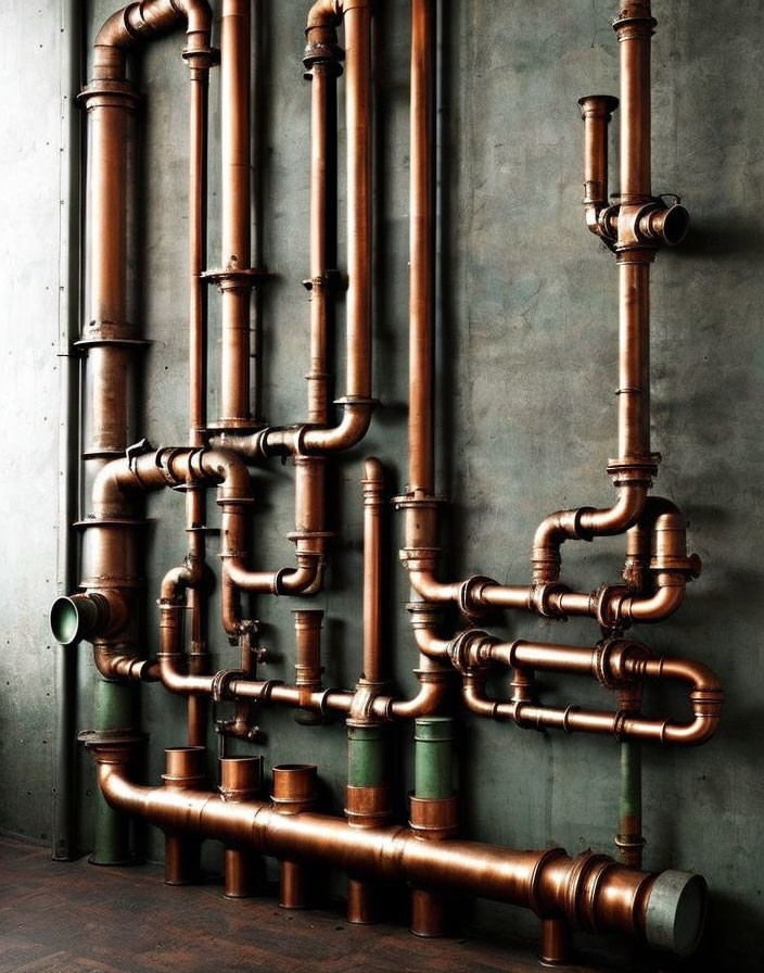 Copper pipes network with valves and joints on concrete wall