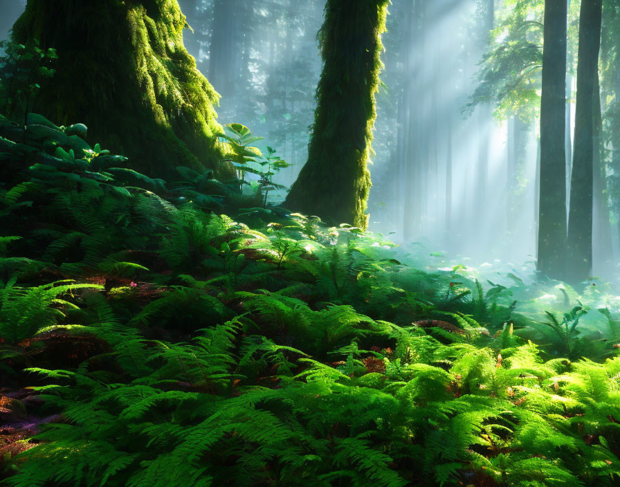 Misty forest scene with ferns, mossy trees, and sunlight shafts