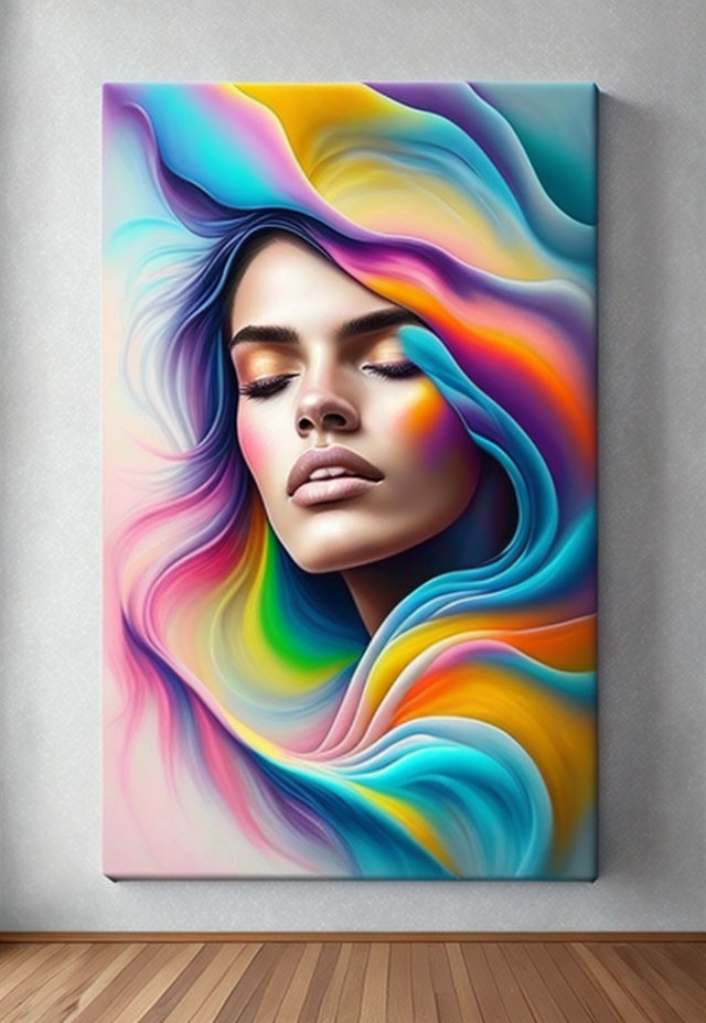 Colorful canvas painting of a woman's face surrounded by swirling waves