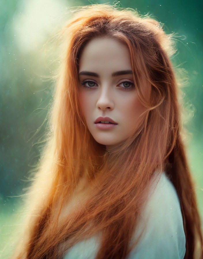 Red-haired woman portrait with intense gaze on soft green background