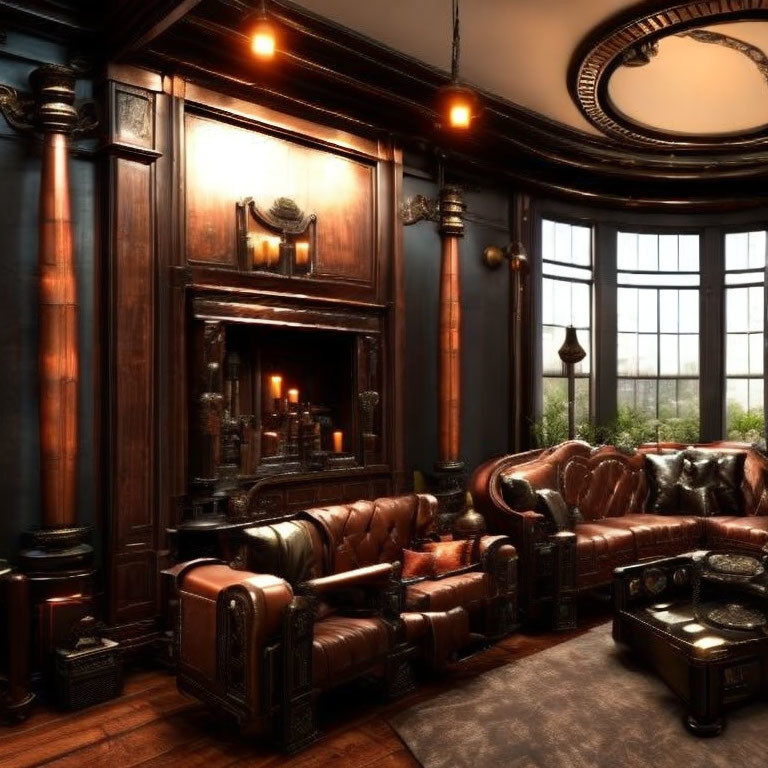 Classic Study with Leather Sofas, Wooden Walls, Large Windows, Fireplace & Vintage Lighting