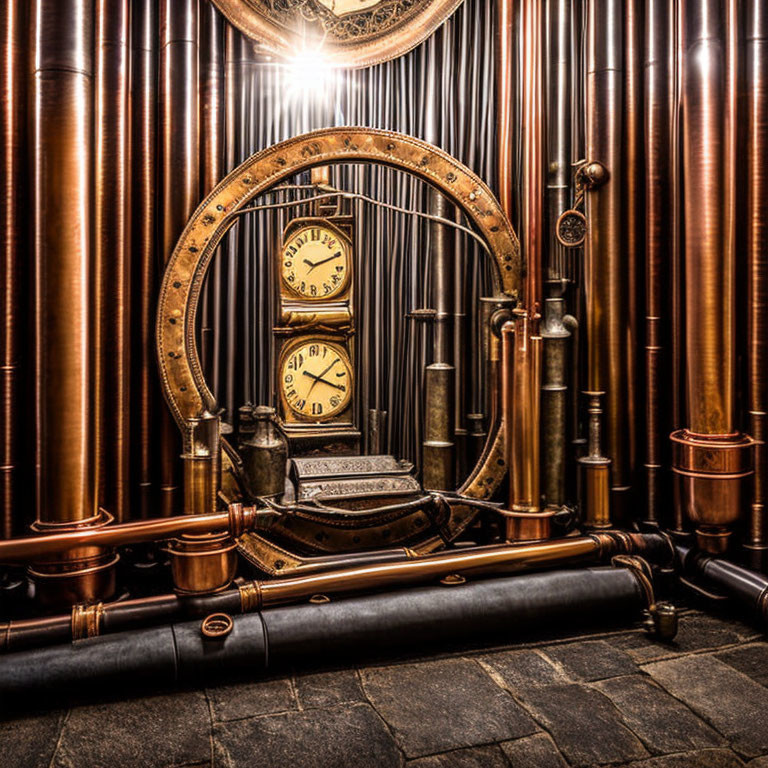 Steampunk-themed room with copper pipes, vintage clock, gear-shaped frame, and typewriter under