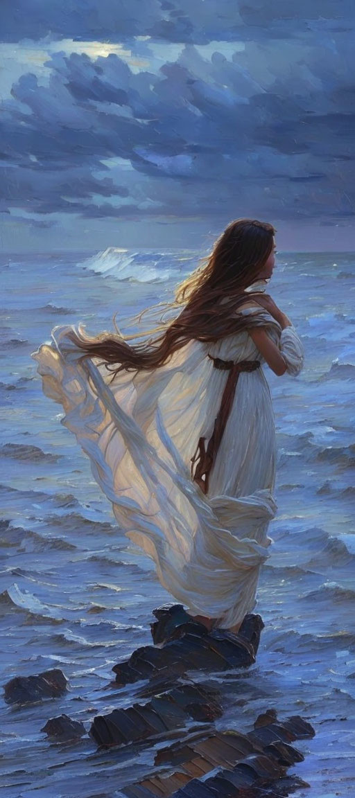 Woman in flowing white dress on rocky shore gazes at turbulent sea under moonlit sky