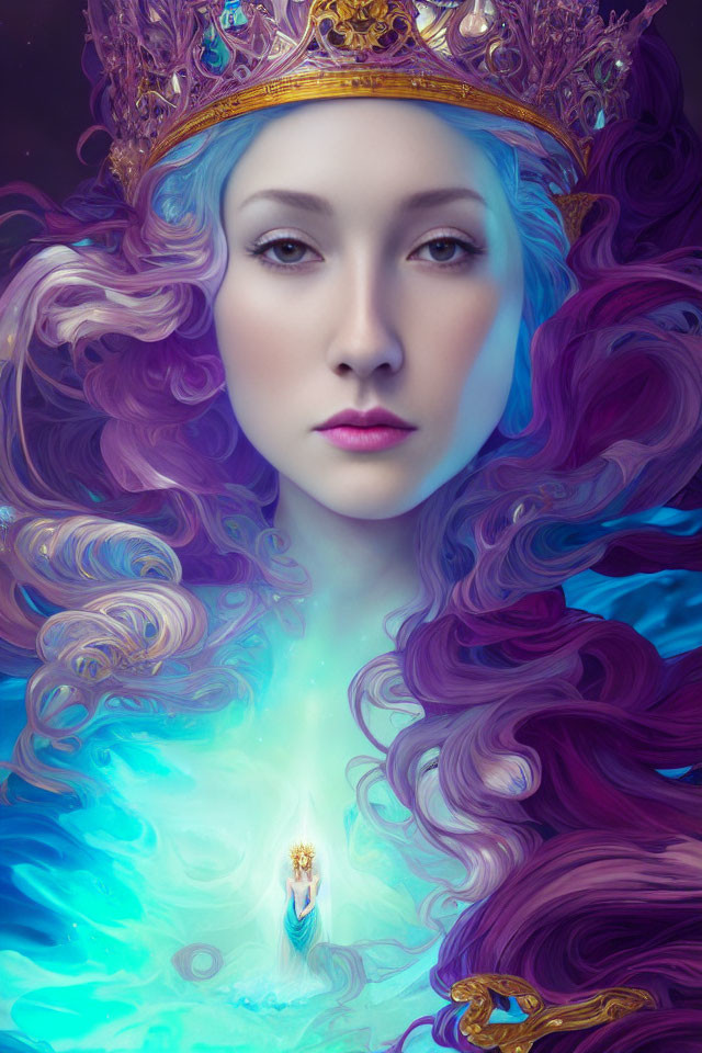 Fantasy portrait of woman with purple hair and ornate crown holding glowing figure