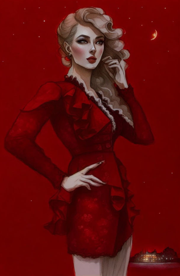 Illustrated woman in red outfit against crimson background with crescent moon