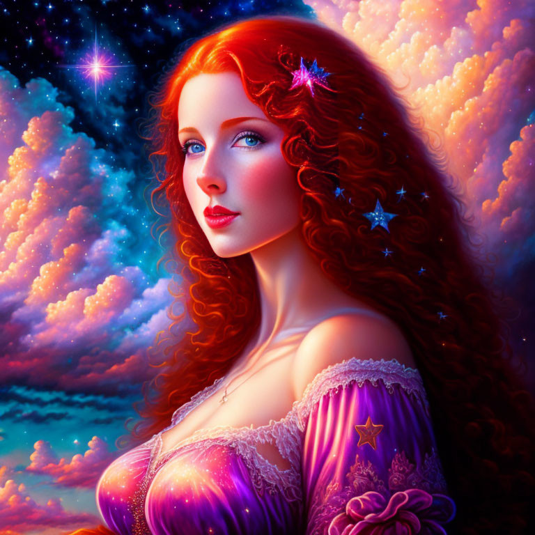 Red-haired woman portrait on vibrant pink and blue celestial background