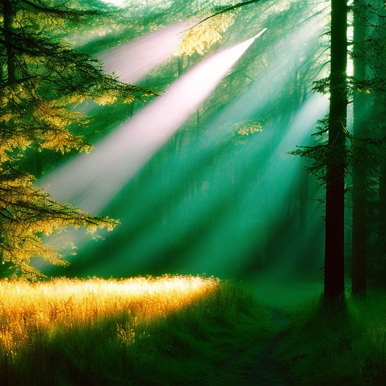 Sunbeams Illuminate Misty Forest Trail