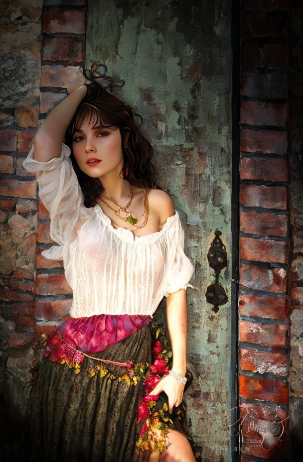 Brown-haired woman in white blouse and colorful skirt against rustic door