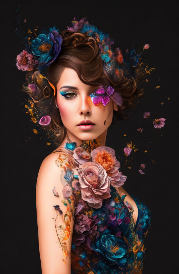 Woman with artistic makeup and floral/butterfly motifs on black background