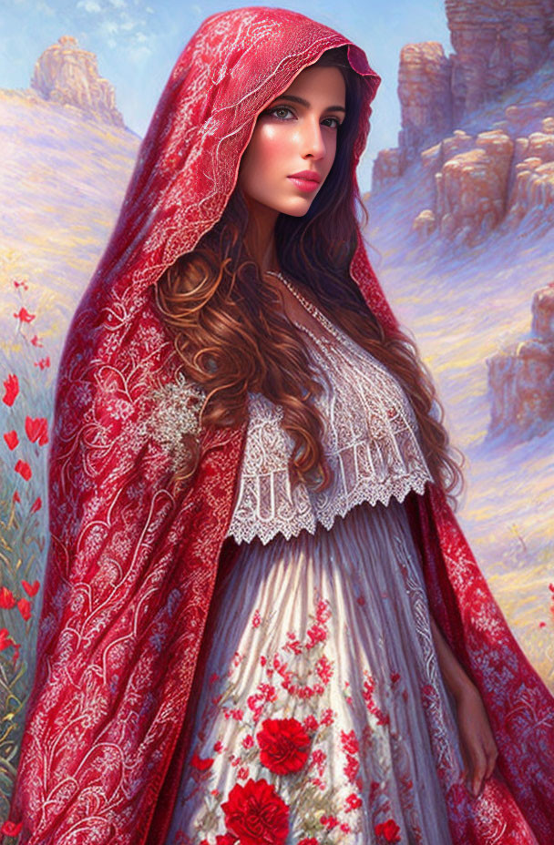 Woman in Red Floral Cloak Standing in Field with Red Flowers