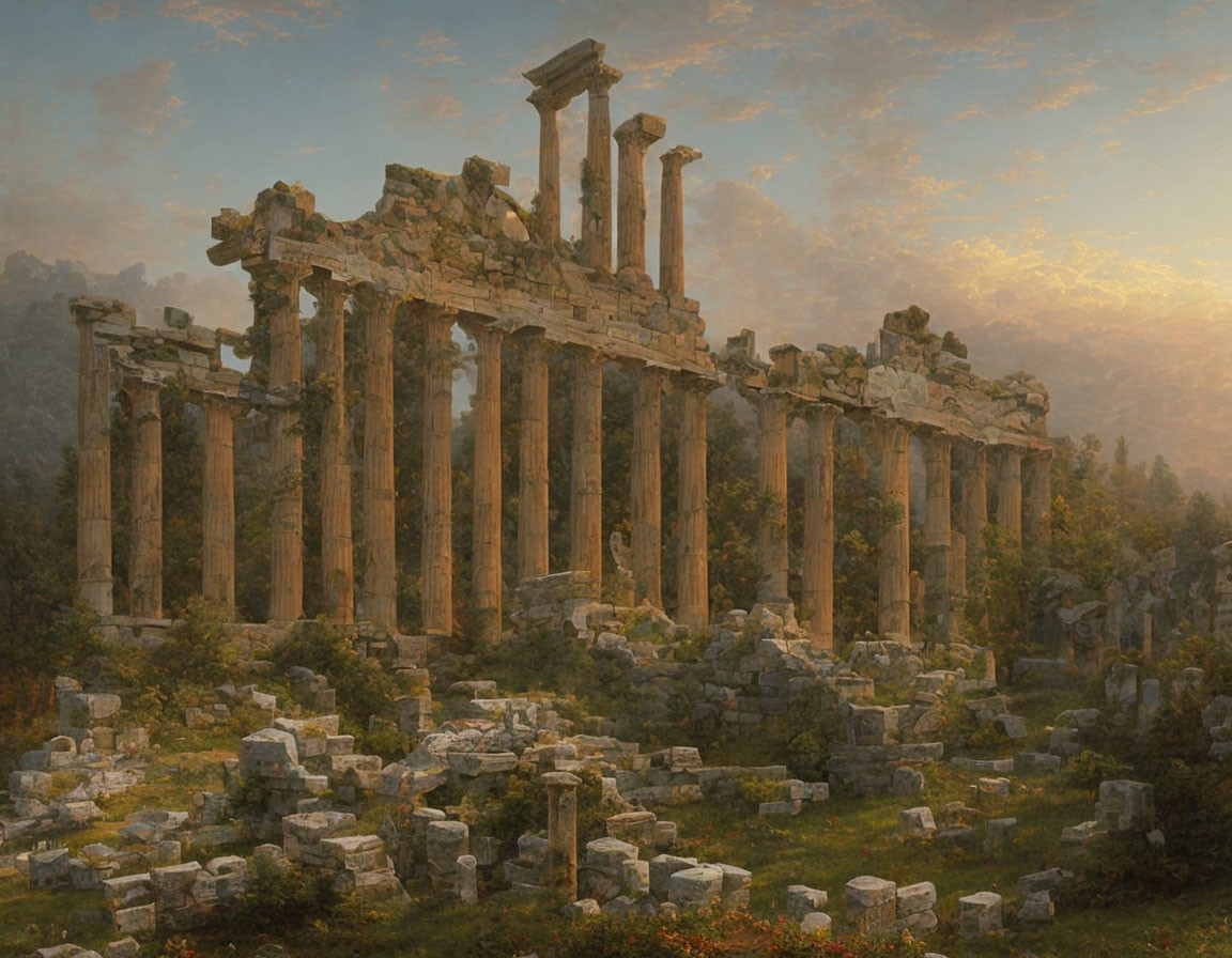 Ancient temple ruins with Corinthian columns in forested landscape